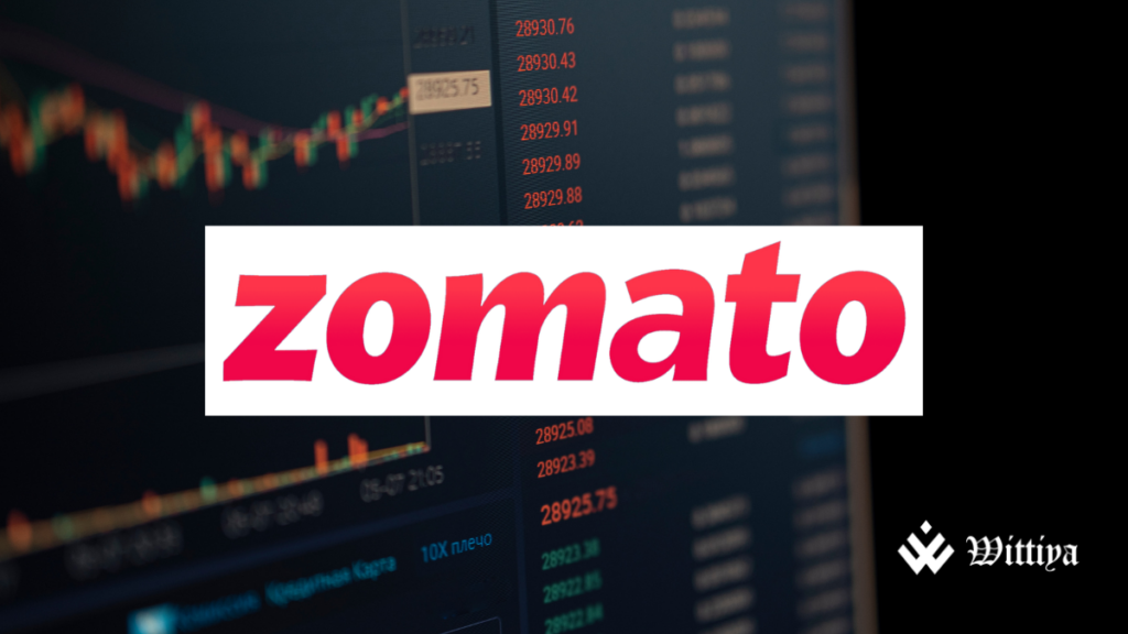 Market board in the background with the Zomato logo, representing Zomato’s Q3FY25 financial performance.