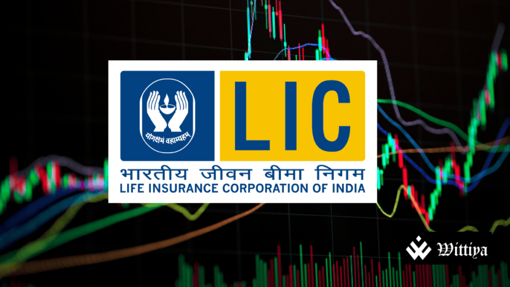 Share market board displaying stock data alongside the LIC logo, highlighting LIC's stake reduction in National Fertilizers.