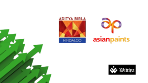Asian Paints and Birla logos with stock market charts, representing the top gainers and losers on February 5, 2025.