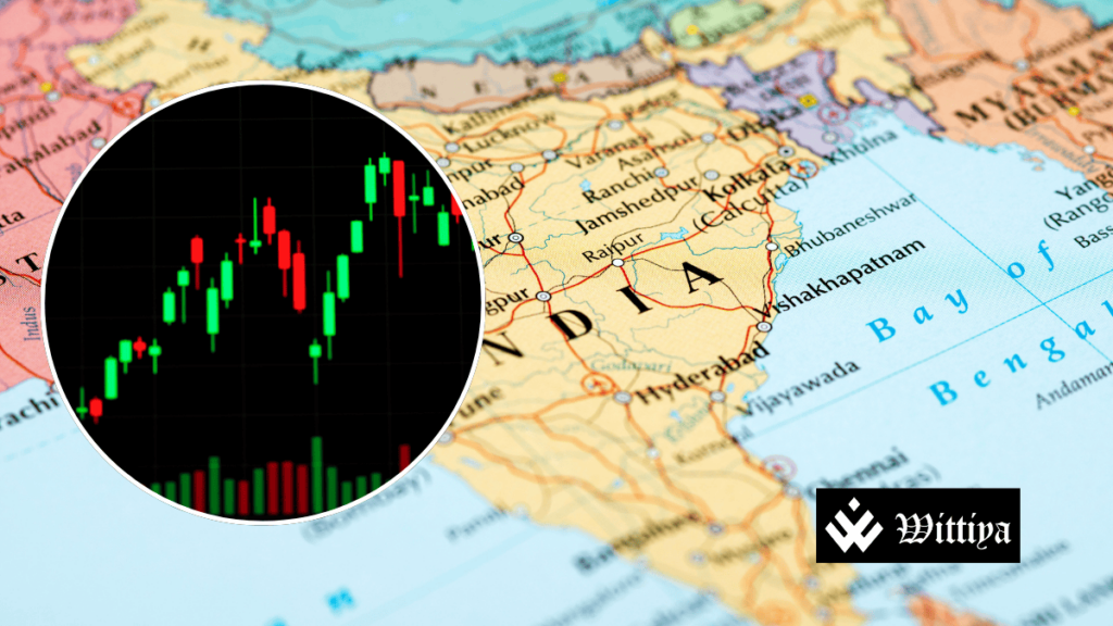 India highlighted on a world map with a focus on Mumbai, representing the Indian stock market.