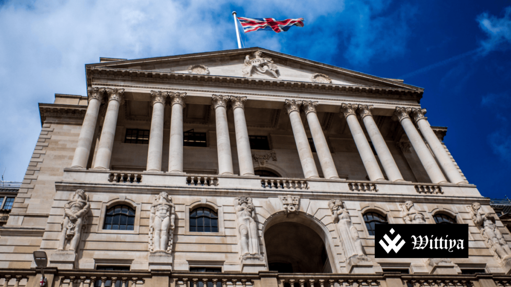 Bank of England building with a financial chart, symbolizing the forecasted interest rate cut to 4.50% by February 6.