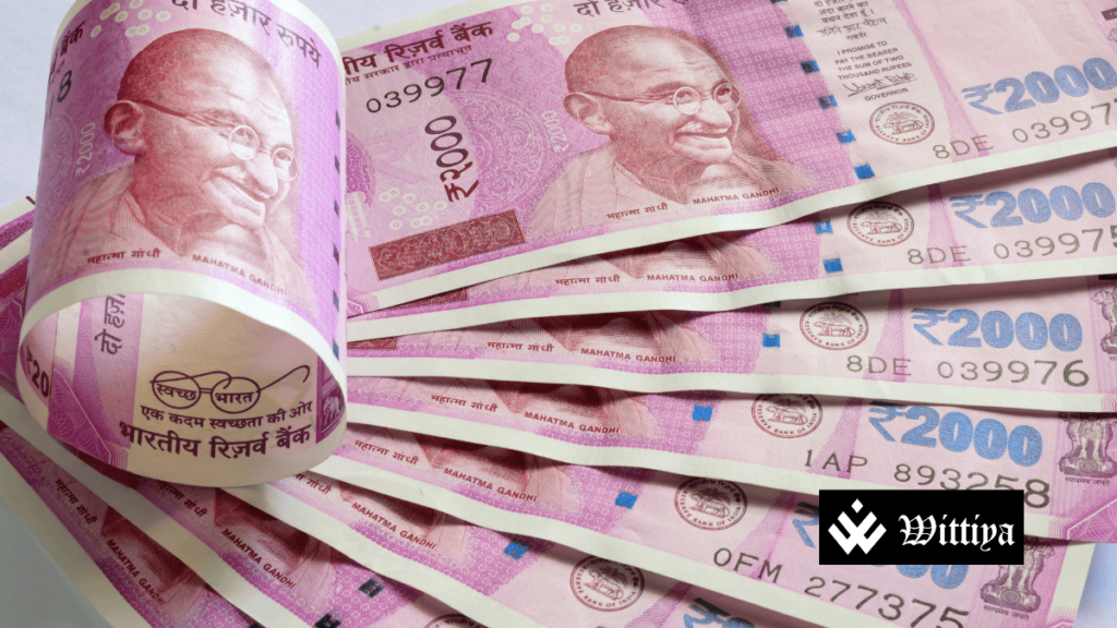 RBI building with ₹2000 currency notes, symbolizing the central bank's challenge in retrieving ₹6,577 crore worth of discontinued notes.