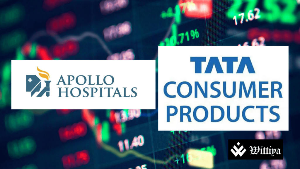 Market board showing decline in Indian stock market with Apollo Hospitals and Tata Consumer logos in the forefront