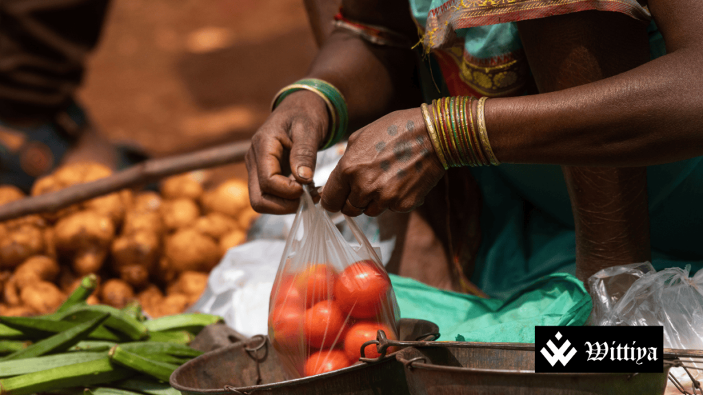 Food items with a downward graph, representing India's inflation drop to 4.31%.