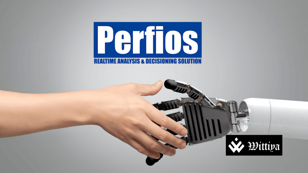 Perfios and CreditNirvana logos with a robot shaking hands with a human, symbolizing AI integration in finance.