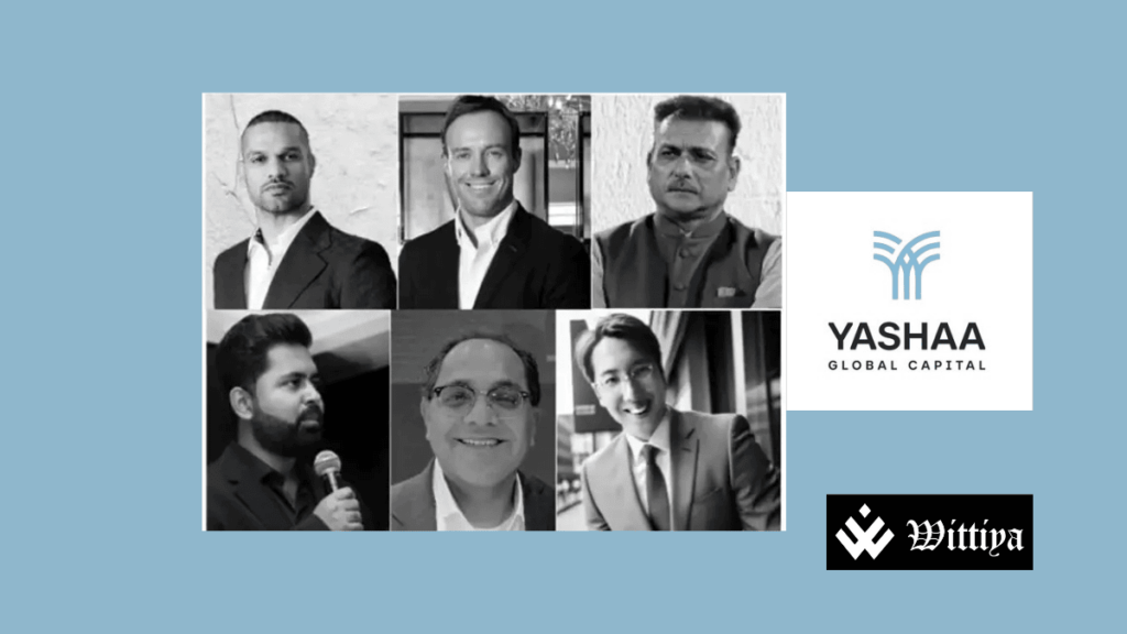 Yashaa Global Capital logo with cricket icons and investment graphics.