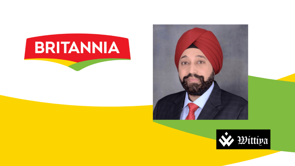Britannia logo paired with the outgoing CEO's photo, marking a pivotal leadership change.