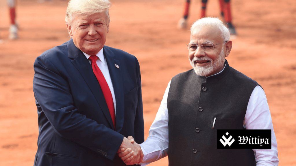 Indian Prime Minister Narendra Modi and former U.S. President Donald Trump shaking hands, symbolizing India's bold export strategy amid global trade barriers.