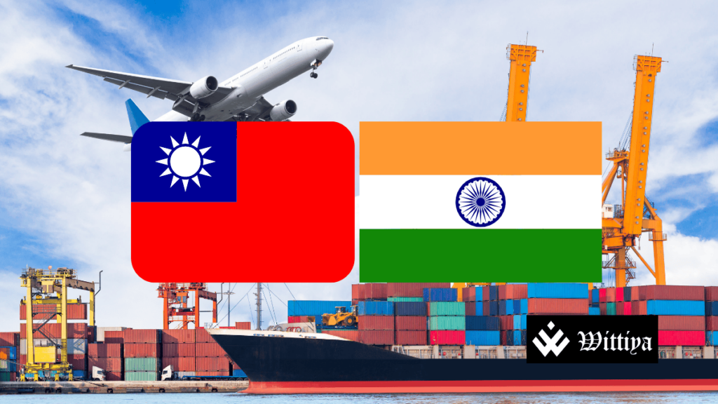 Taiwan and India flags with trade agreement visuals.