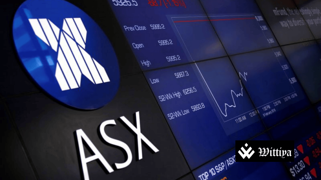 Australian stock market graph showing a downward trend with US tariff concerns highlighted.