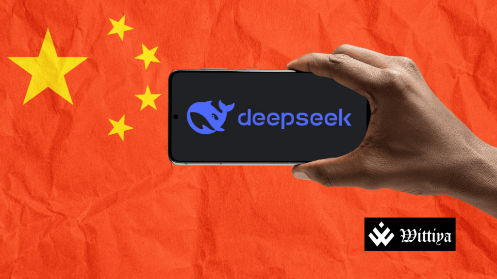 China flag with a mobile displaying DeepSeek, highlighting AI advancements and chipmaking ambitions.