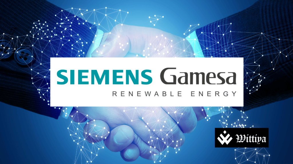 Siemens Gamesa wind turbines with TPG logo, symbolizing TPG’s majority stake acquisition in India and Sri Lanka.