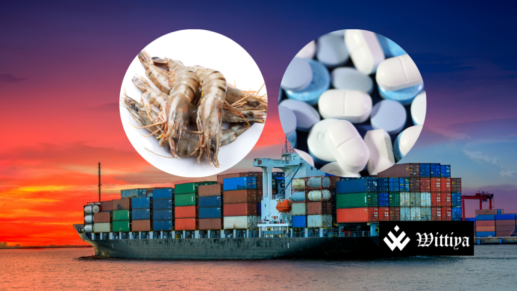 Sea port with cargo, seafood, and a tablet, representing the impact of US tariffs on Indian imports.