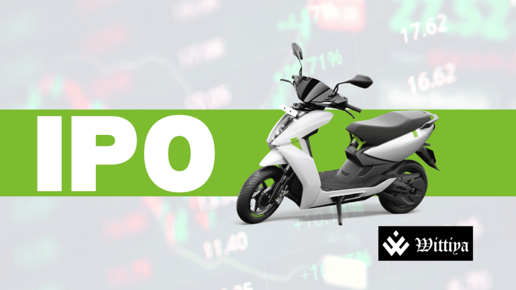Ather Energy logo with an electric scooter and stock market charts, symbolizing its historic IPO.
