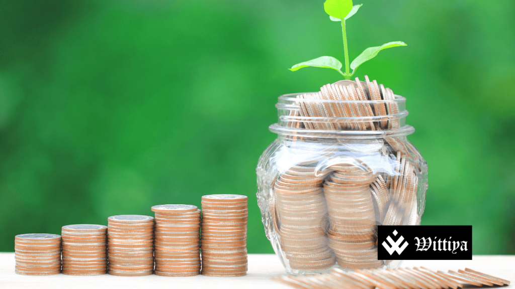Coins in a jar with a plant growing, symbolizing startup growth.