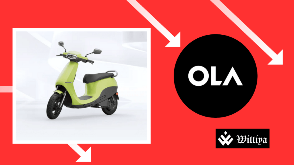 Ola Electric logo with a declining graph, symbolizing layoffs, customer backlash, and market challenges.