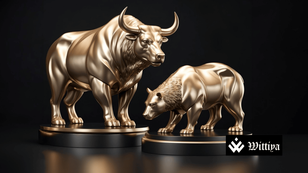 A bull and bear statue with a stock market chart in the background, representing market trends in India.