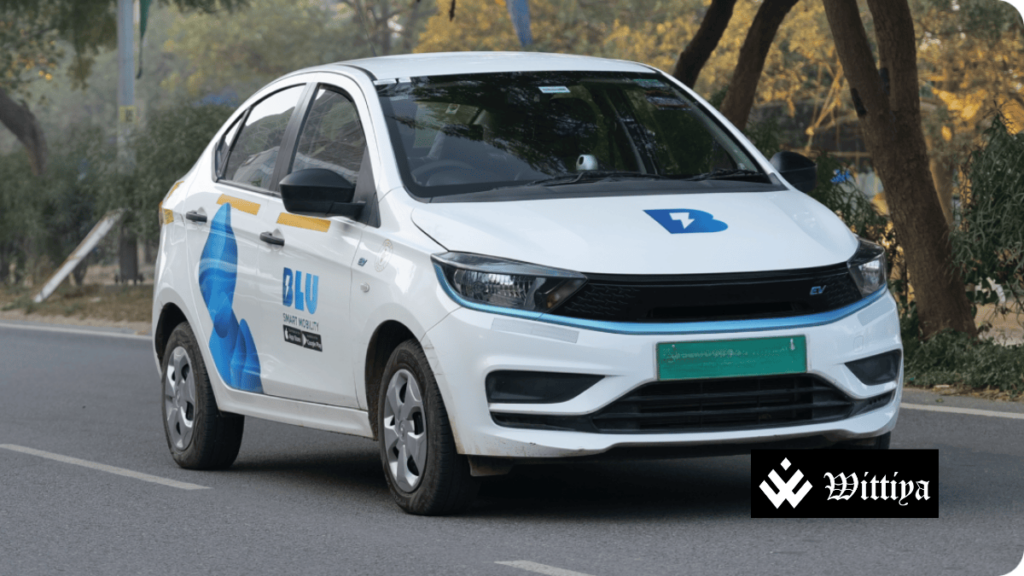 A BluSmart electric vehicle with a cityscape in the background, representing the company’s search for a buyer amid challenges in India’s EV ride-hailing market.