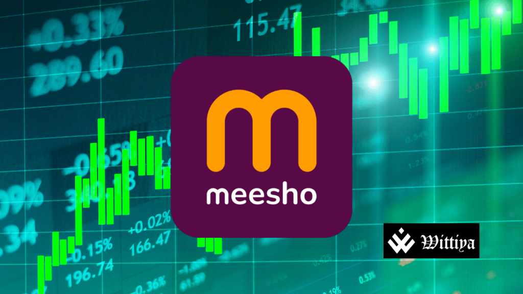 Meesho logo with financial growth charts, representing reduced losses and increased revenue in FY24.