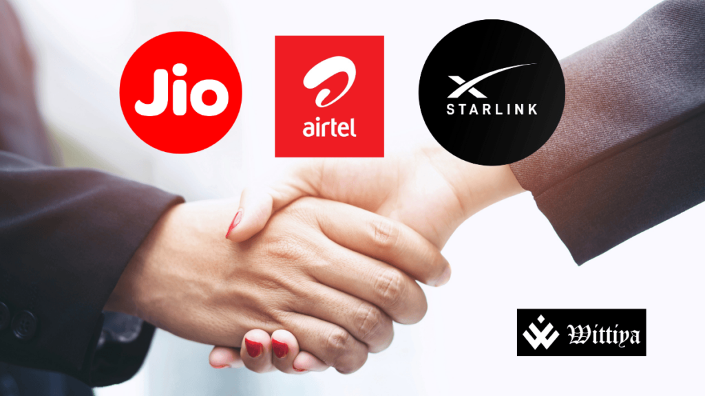 Airtel, Jio, and Starlink logos with handshake graphics, symbolizing their unexpected partnership.