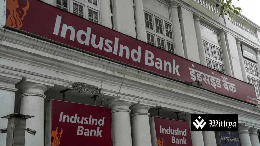 IndusInd Bank building with RBI logo in the background, representing the bank’s escape from financial turmoil with RBI’s support.