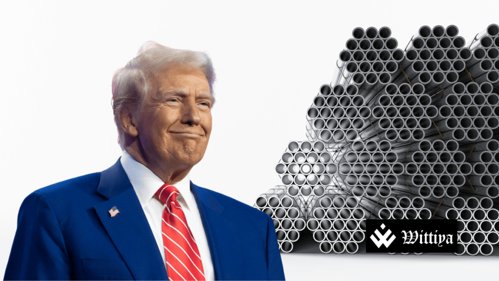 Steel pipes with Donald Trump in the background