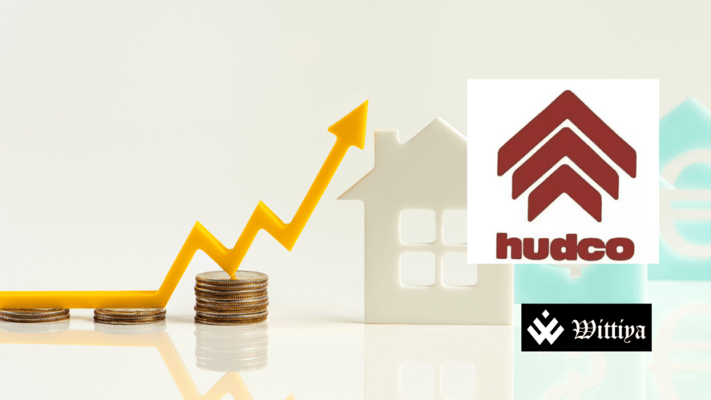 HUDCO logo with stock market growth chart, representing the 3% share rise after ₹2,000 crore NCD fundraising approval.