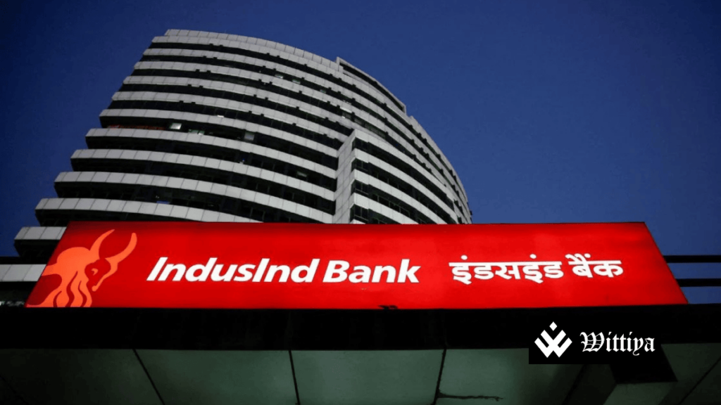 IndusInd Bank logo with the RBI emblem in the background, symbolizing regulatory scrutiny.