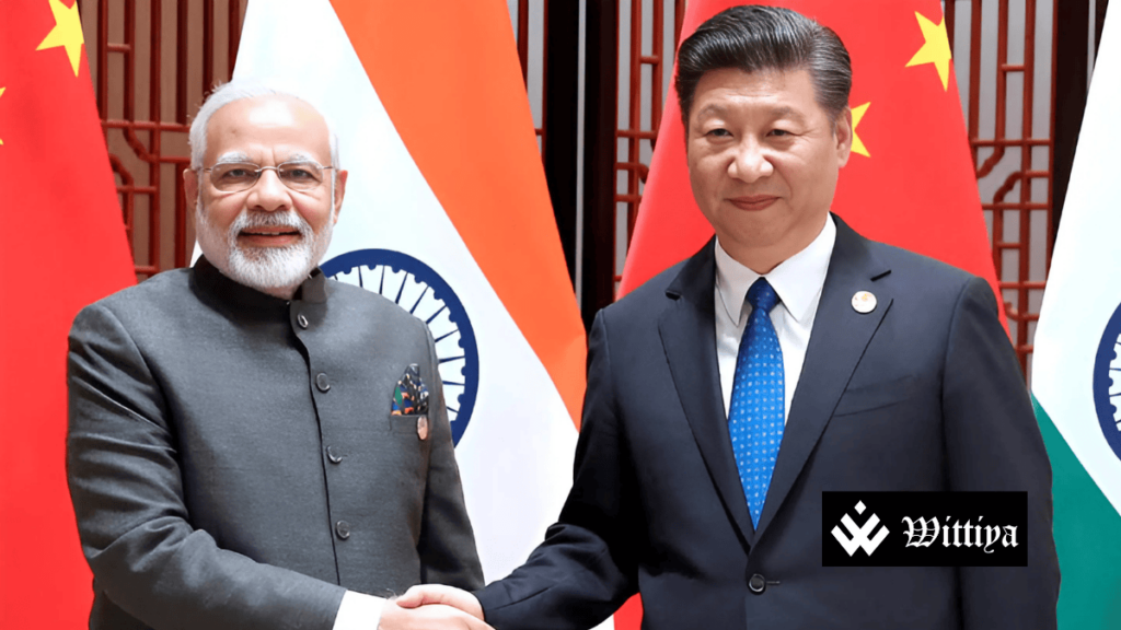 Indian Prime Minister Narendra Modi and Chinese President Xi Jinping shaking hands, representing the impact of Modi’s remarks on stock market growth.