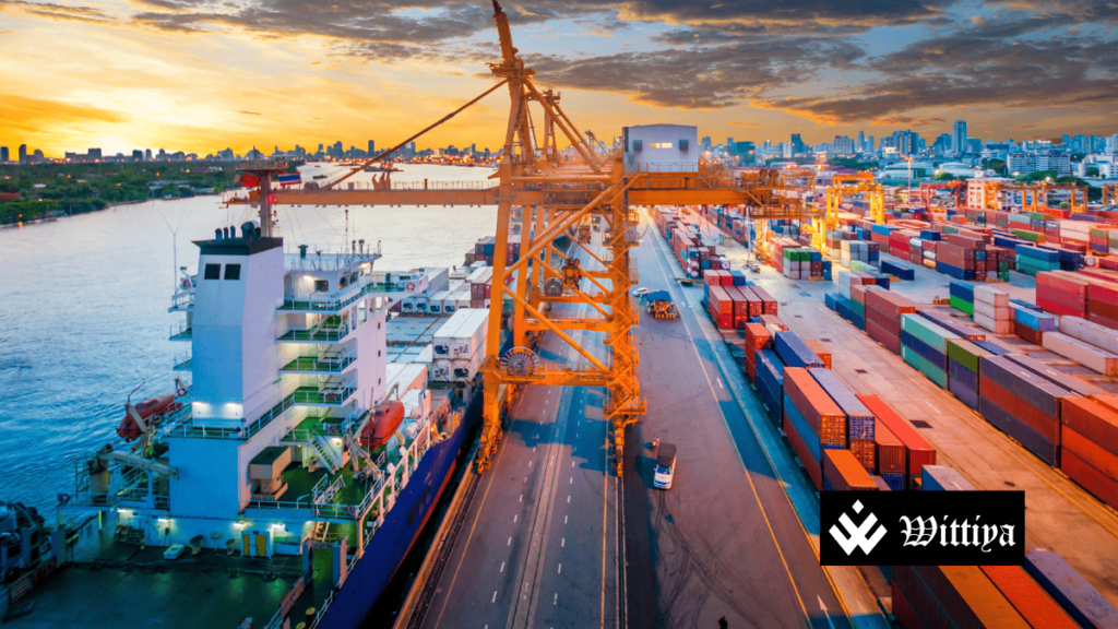 A busy shipping port representing global trade.