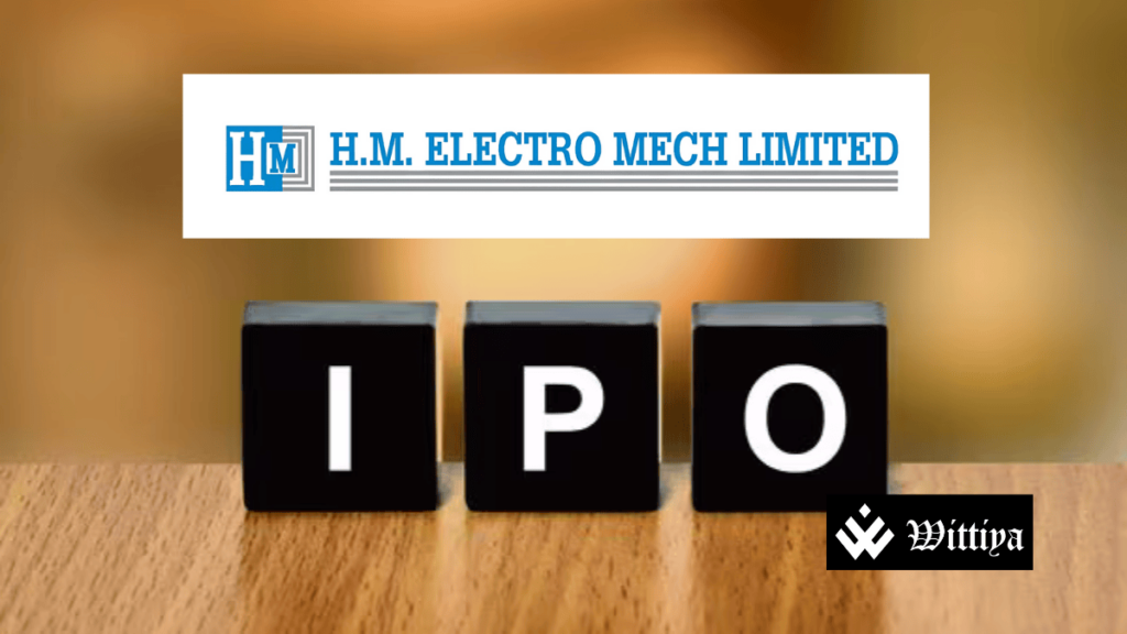 H.M. Electro Mech logo with IPO allotment status and listing details.