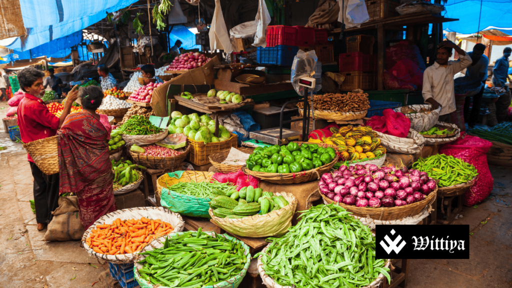 A busy vegetable market in India, representing the impact of rising wholesale inflation, which hit an 8-month high of 2.38% in February.