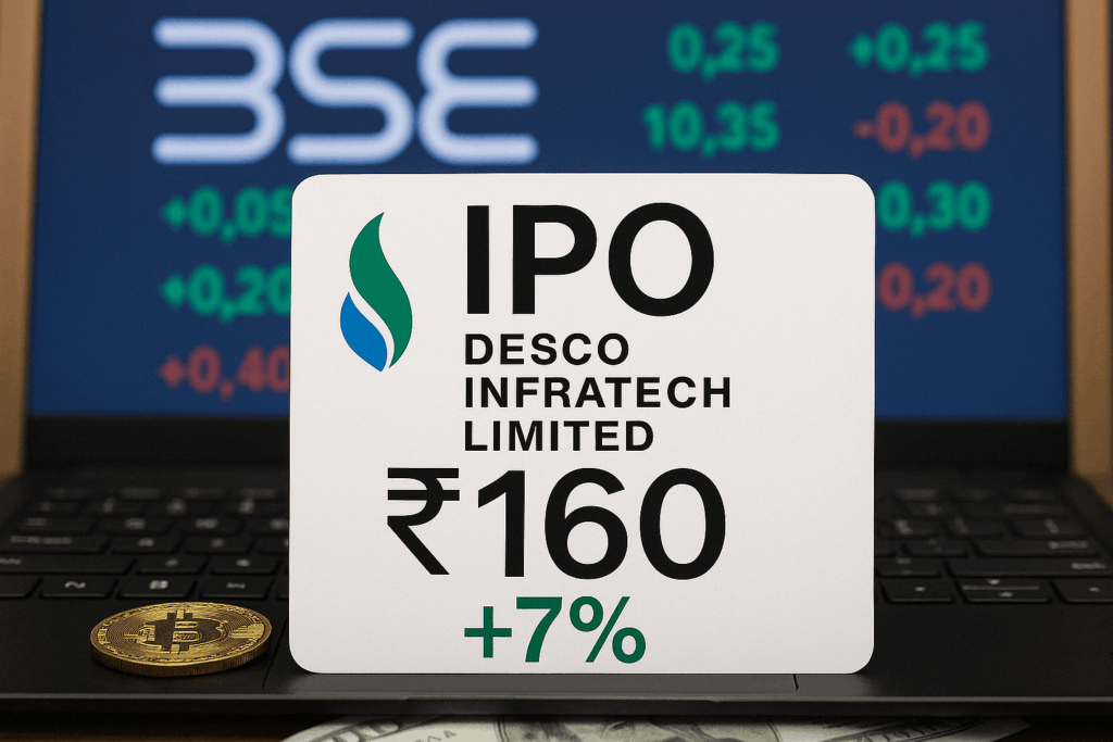 Desco Infratech logo with IPO listing details on BSE SME platform