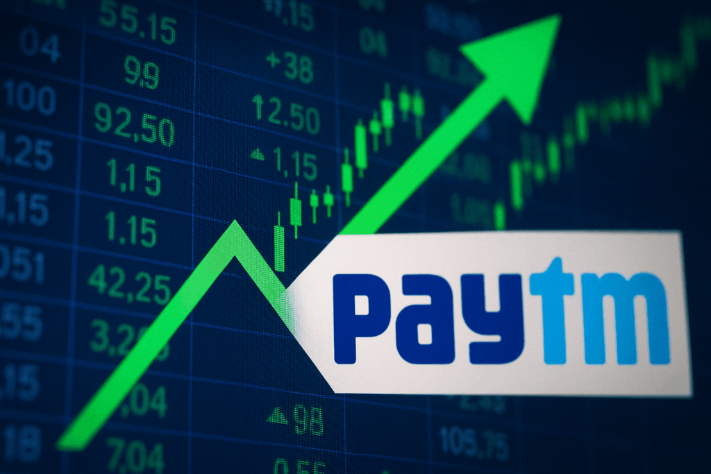 Paytm logo displayed alongside a stock market board indicating a surge in share price.