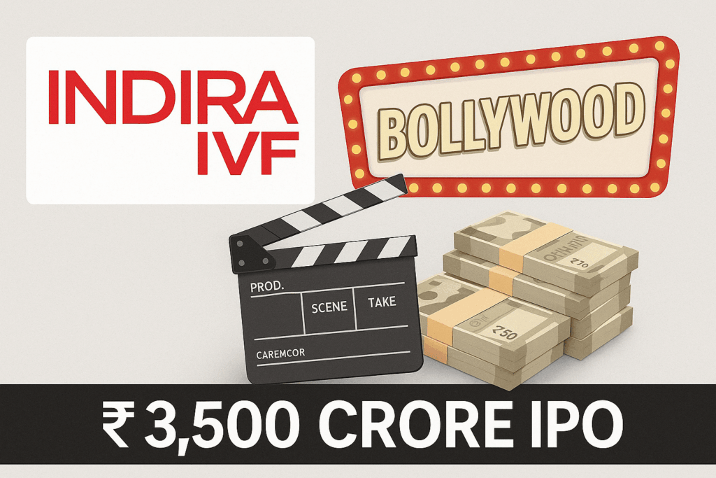 Indira IVF logo alongside IPO announcement, highlighting the impact of the film 'Tumko Meri Kasam' on the company's public offering plans.