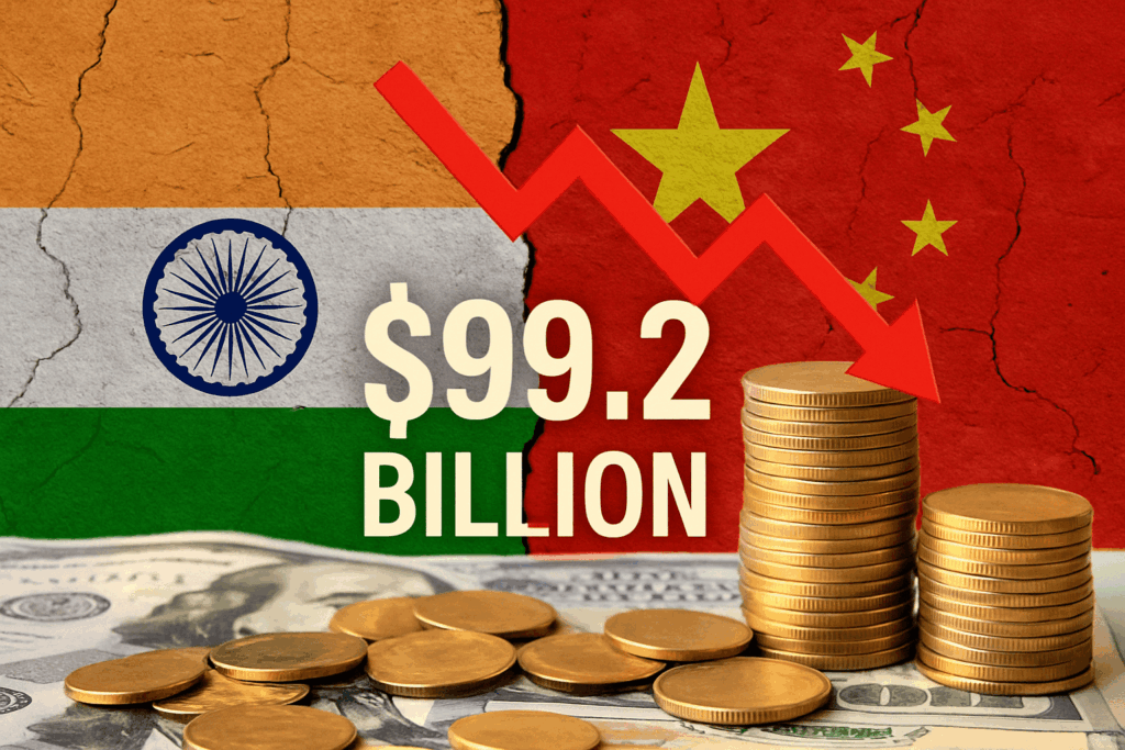 India and China national flags side-by-side symbolizing trade relations and economic tension.
