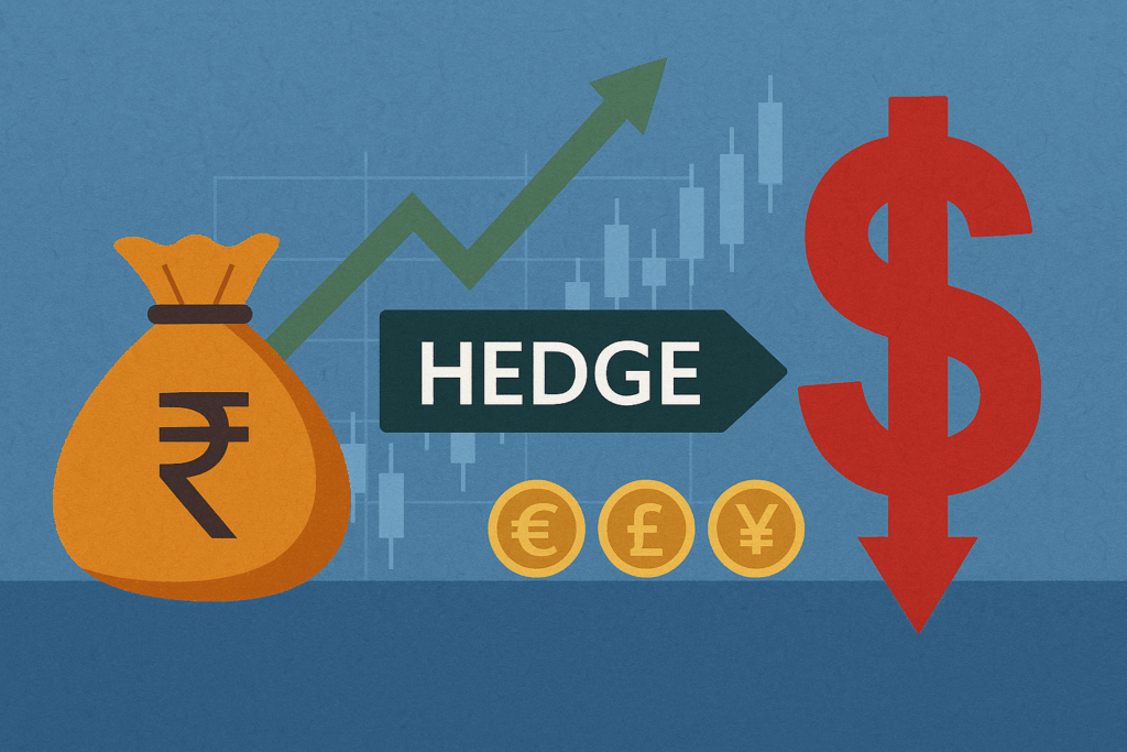 Illustration depicting various hedging strategies employed by Indian companies, including currency hedging, forward contracts, and options