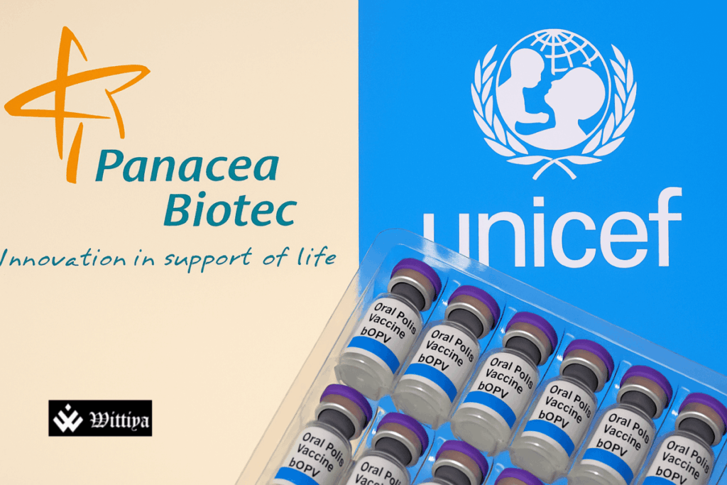 Panacea Biotec logo alongside UNICEF and PAHO logos, highlighting a ₹1,040 crore vaccine supply agreement