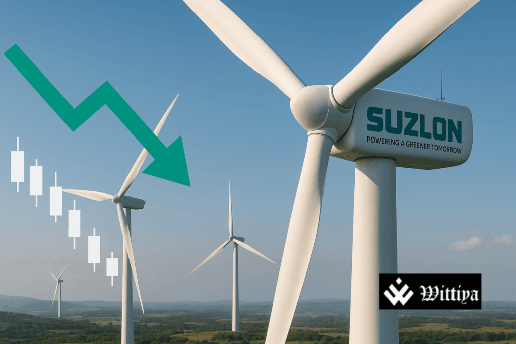 Wind turbines with Suzlon logo showing growth in wind power while the market declines.