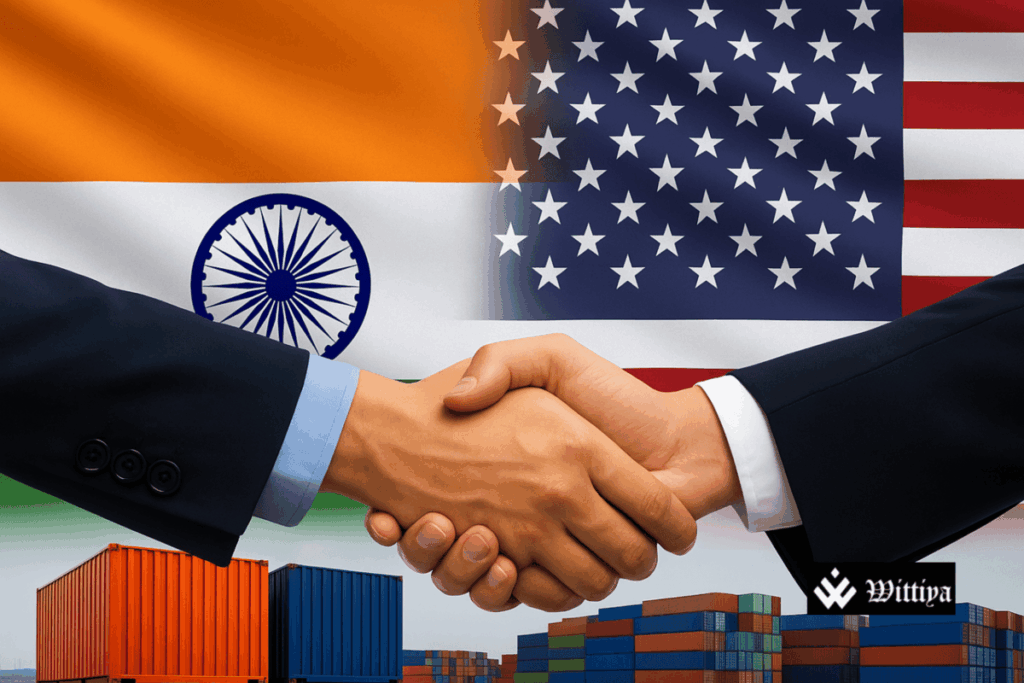 India and United States flags at trade negotiation table symbolizing upcoming bilateral trade agreement.