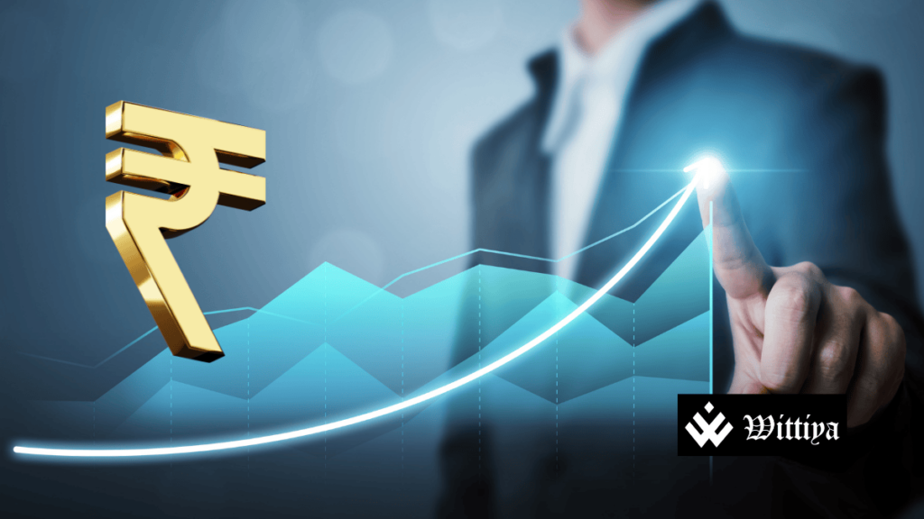 Stock market graph showing upward trend with Indian currency.