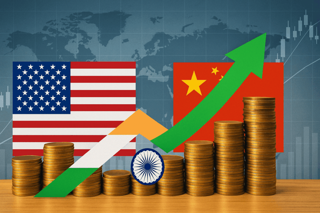 Illustration of U.S. and Chinese flags with Indian rupee symbolizing India's strategic position amid global trade tensions