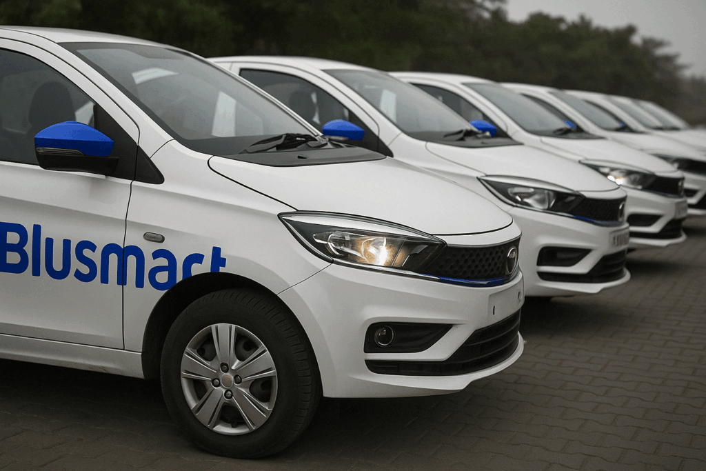 BluSmart electric taxi on the road, representing the company's recent service suspension in India.