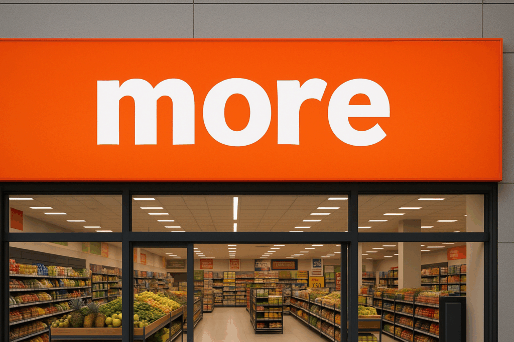 Exterior view of a More Retail supermarket in India, showcasing the store's branding and entrance.