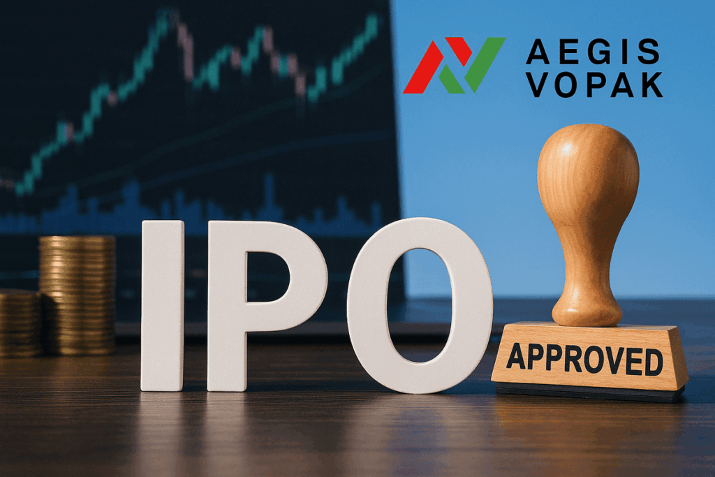 Aegis Vopak Terminals logo with IPO announcement graphic, symbolizing the company's ₹3,500 crore public offering.