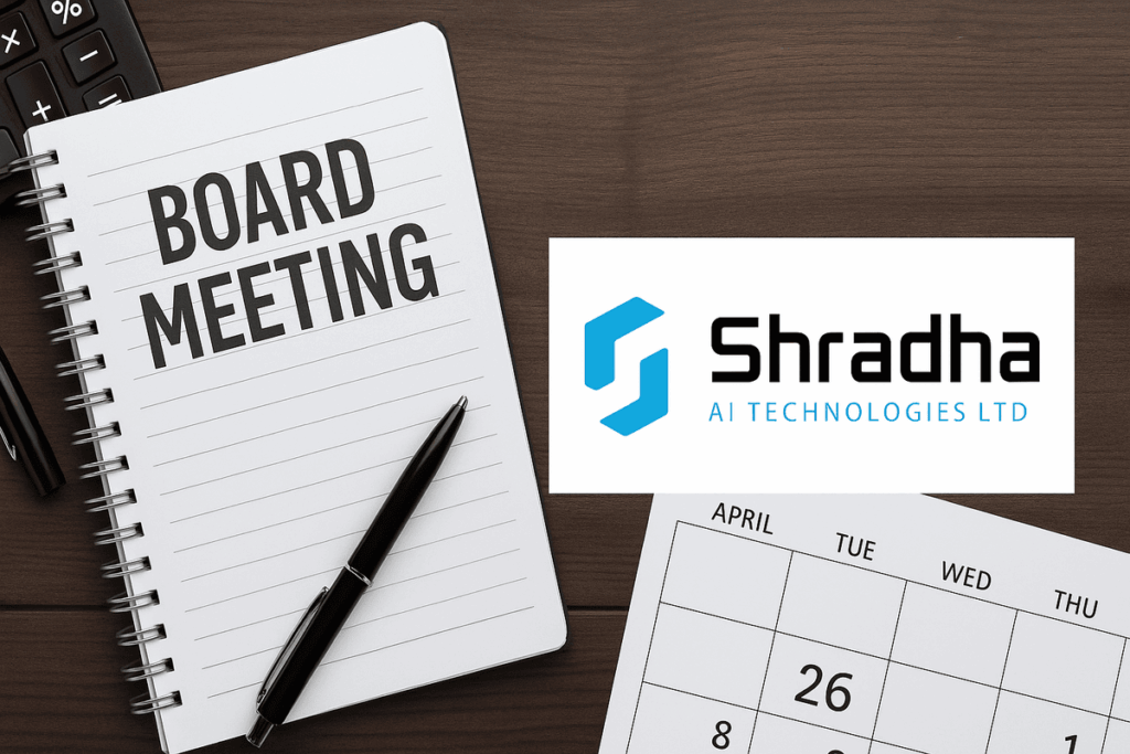 Shradha AI Technologies headquarters building with company logo, representing the upcoming board meeting on April 30, 2025.
