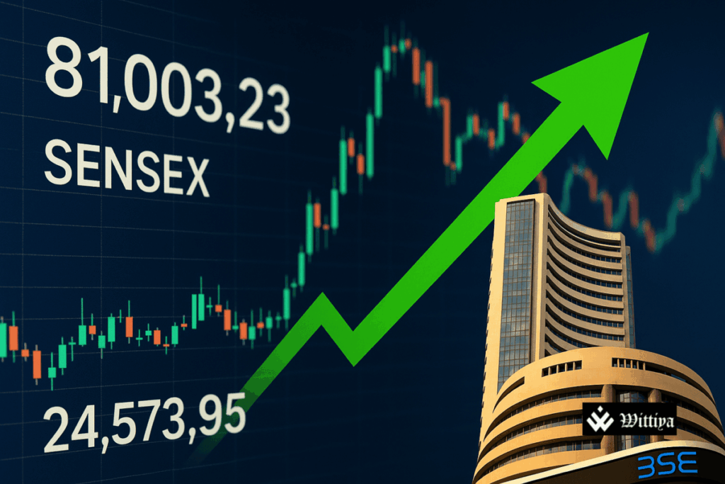 Bullish stock market chart with BSE building – Sensex and Nifty approach record highs in FY2026