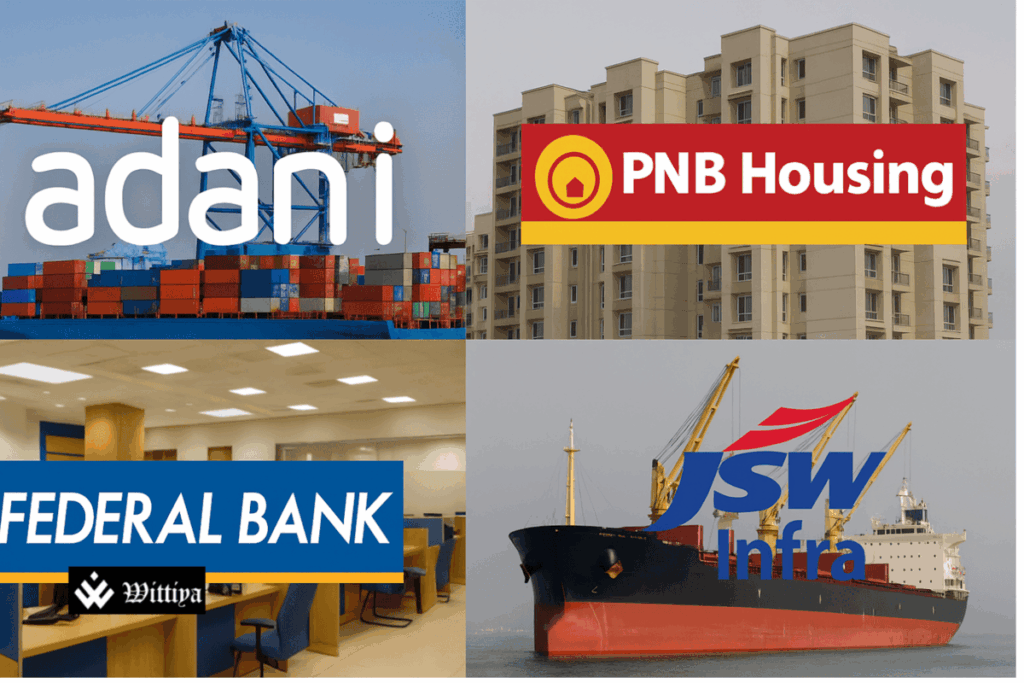 ndian stock market chart with logos Adani Enterprises, PNB Housing, JSW Infra