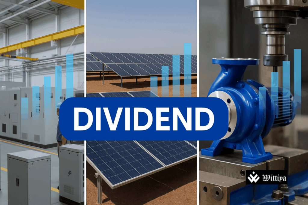 ABB India, ACME Solar, and KSB logos with stock market chart – 2025 dividend announcements