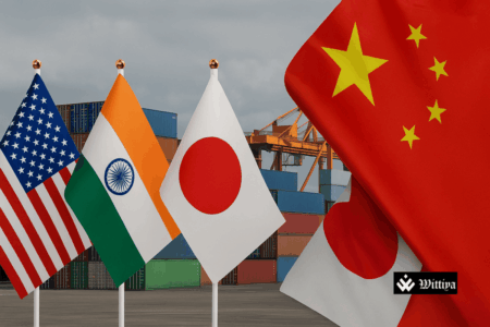 US and China trade dispute with India and Japan flags in background